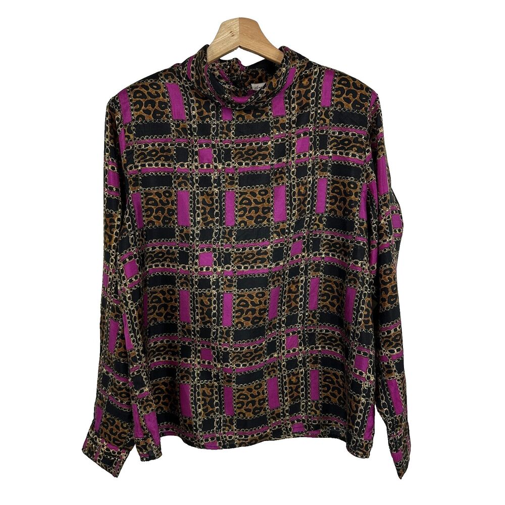 Anna & Frank Silk Blouse Women's L Leopard Print Pink High Neck 80's Y2K Retro